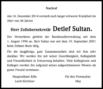 Anzeige von Detlef Sultan von Kölner Stadt-Anzeiger / Kölnische Rundschau / Express