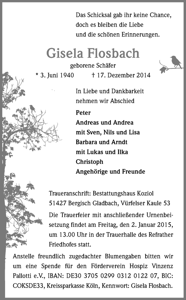  Traueranzeige für Gisela Flosbach vom 27.12.2014 aus Kölner Stadt-Anzeiger / Kölnische Rundschau / Express