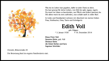Anzeige von Edith Voll von Kölner Stadt-Anzeiger / Kölnische Rundschau / Express