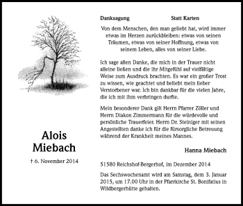 Anzeige von Alois Miebach von Kölner Stadt-Anzeiger / Kölnische Rundschau / Express