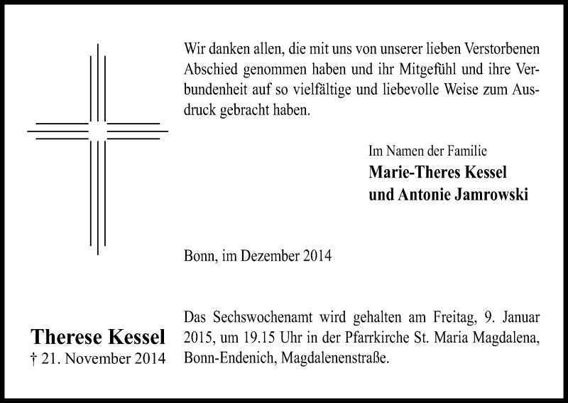  Traueranzeige für Therese Kessel vom 03.01.2015 aus Kölner Stadt-Anzeiger / Kölnische Rundschau / Express