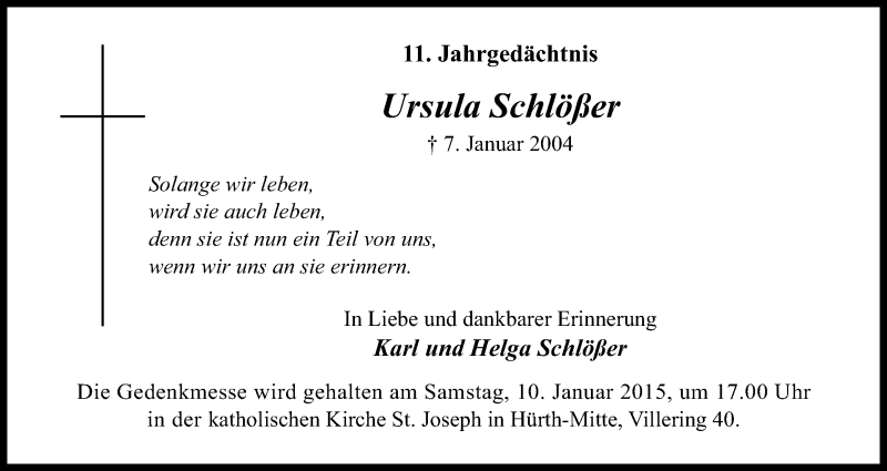  Traueranzeige für Ursula Schlößer vom 07.01.2015 aus Kölner Stadt-Anzeiger / Kölnische Rundschau / Express
