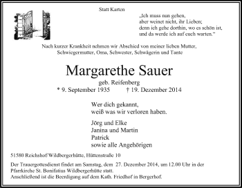 Anzeige von Margarethe Sauer von Kölner Stadt-Anzeiger / Kölnische Rundschau / Express