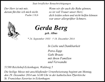 Anzeige von Gerda Berg von Kölner Stadt-Anzeiger / Kölnische Rundschau / Express