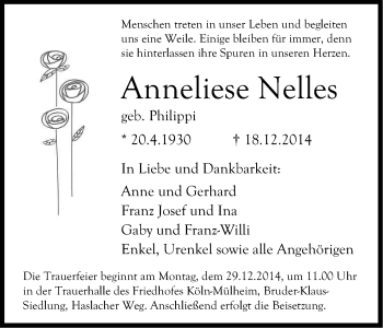 Anzeige von Anneliese Nelles von Kölner Stadt-Anzeiger / Kölnische Rundschau / Express