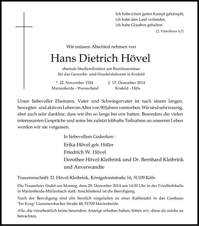  Traueranzeige für Hans Dietrich Hövel vom 23.12.2014 aus Kölner Stadt-Anzeiger / Kölnische Rundschau / Express