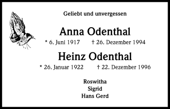 Anzeige von Anna und Heinz Odenthal von Kölner Stadt-Anzeiger / Kölnische Rundschau / Express