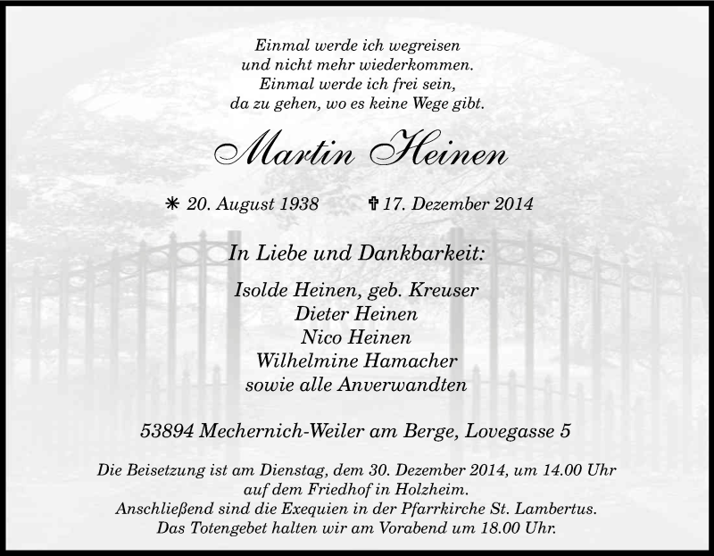 Traueranzeige für Martin Heinen vom 23.12.2014 aus Kölner Stadt-Anzeiger / Kölnische Rundschau / Express