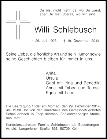 Anzeige von Willi Schlebusch von Kölner Stadt-Anzeiger / Kölnische Rundschau / Express