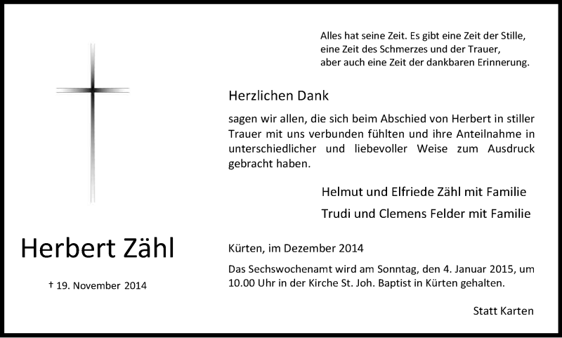  Traueranzeige für Herbert Zähl vom 27.12.2014 aus Kölner Stadt-Anzeiger / Kölnische Rundschau / Express