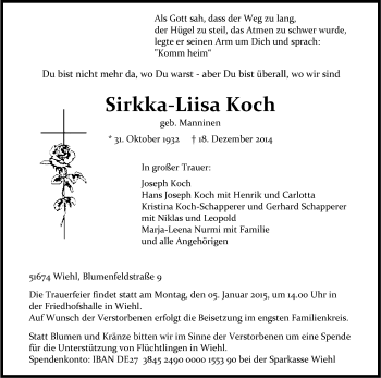 Anzeige von Sirkka-Liisa Koch von Kölner Stadt-Anzeiger / Kölnische Rundschau / Express