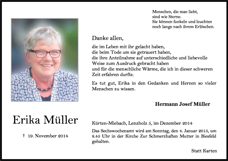  Traueranzeige für Erika Müller vom 27.12.2014 aus Kölner Stadt-Anzeiger / Kölnische Rundschau / Express