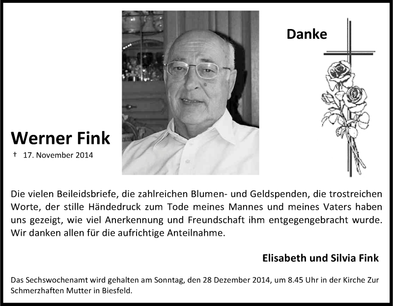  Traueranzeige für Werner Fink vom 24.12.2014 aus Kölner Stadt-Anzeiger / Kölnische Rundschau / Express