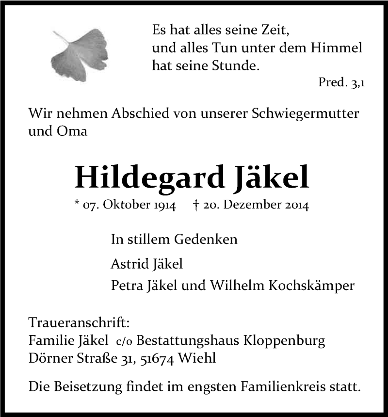  Traueranzeige für Hildegard Jäkel vom 23.12.2014 aus Kölner Stadt-Anzeiger / Kölnische Rundschau / Express