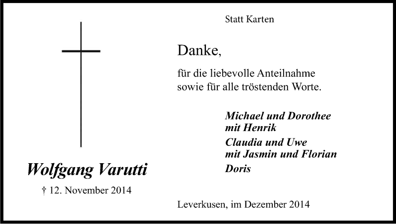  Traueranzeige für Wolfgang Varutti vom 23.12.2014 aus Kölner Stadt-Anzeiger / Kölnische Rundschau / Express