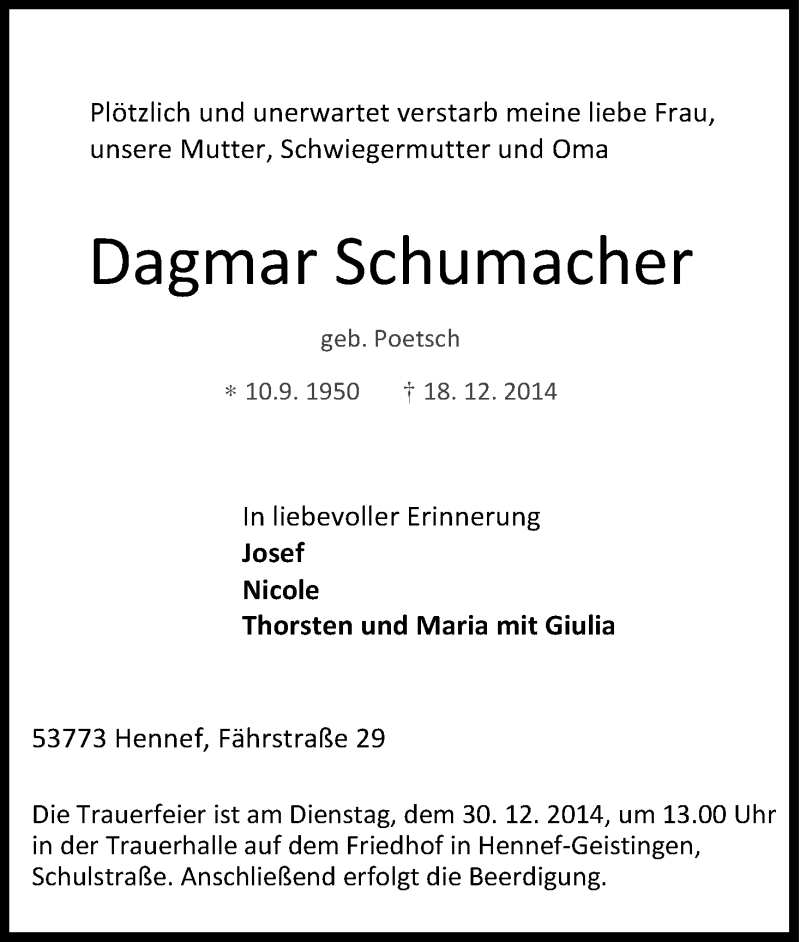  Traueranzeige für Dagmar Schumacher vom 23.12.2014 aus Kölner Stadt-Anzeiger / Kölnische Rundschau / Express