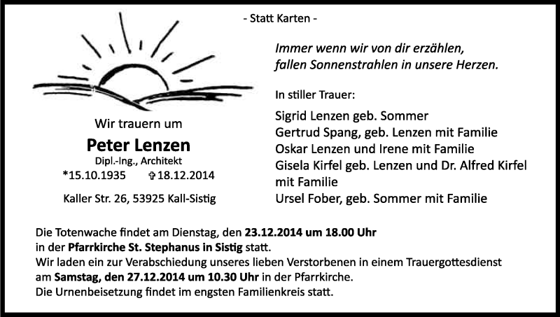  Traueranzeige für Peter Lenzen vom 23.12.2014 aus Kölner Stadt-Anzeiger / Kölnische Rundschau / Express
