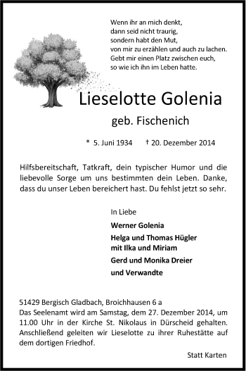 Anzeige von Lieselotte Golenia von Kölner Stadt-Anzeiger / Kölnische Rundschau / Express
