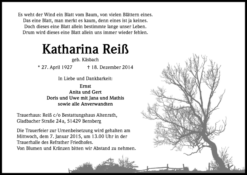  Traueranzeige für Katharina Reiß vom 03.01.2015 aus Kölner Stadt-Anzeiger / Kölnische Rundschau / Express