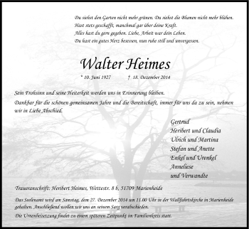 Anzeige von Walter Heimes von Kölner Stadt-Anzeiger / Kölnische Rundschau / Express