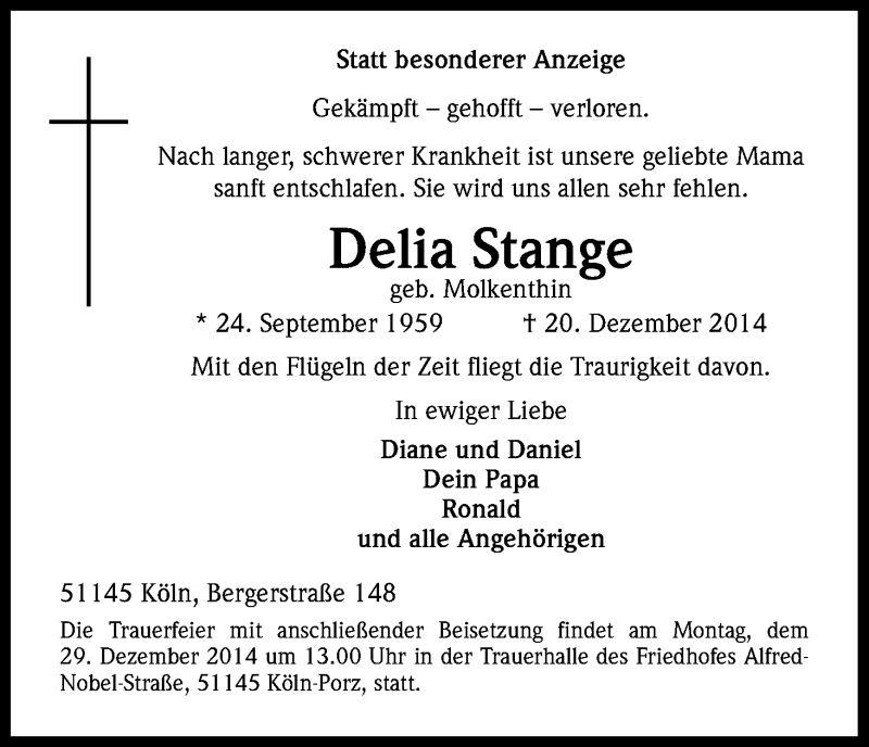  Traueranzeige für Delia Stange vom 23.12.2014 aus Kölner Stadt-Anzeiger / Kölnische Rundschau / Express