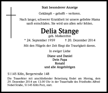 Anzeige von Delia Stange von Kölner Stadt-Anzeiger / Kölnische Rundschau / Express