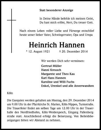 Anzeige von Heinrich Hannen von Kölner Stadt-Anzeiger / Kölnische Rundschau / Express