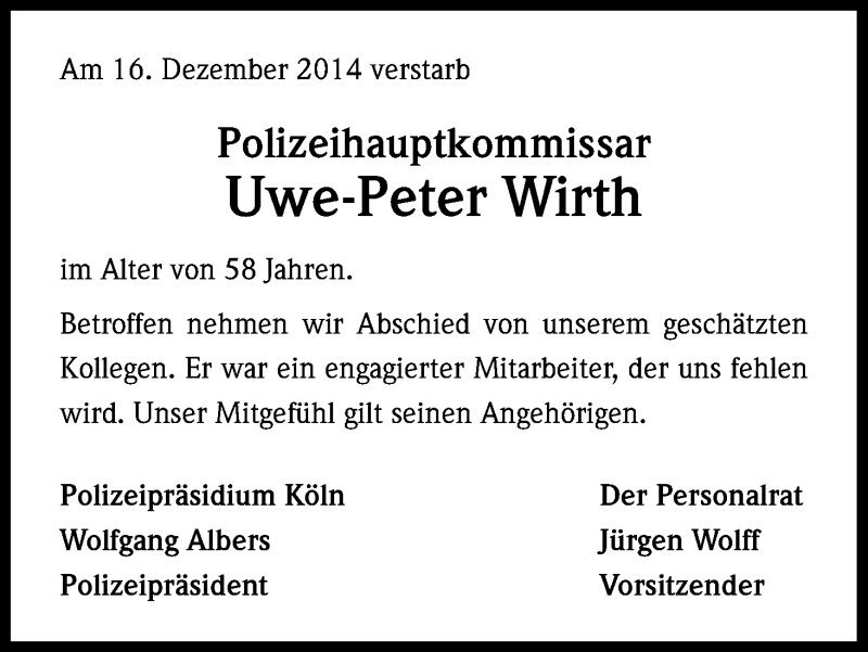  Traueranzeige für Uwe-Peter Wirth vom 27.12.2014 aus Kölner Stadt-Anzeiger / Kölnische Rundschau / Express