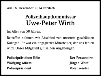 Anzeige von Uwe-Peter Wirth von Kölner Stadt-Anzeiger / Kölnische Rundschau / Express