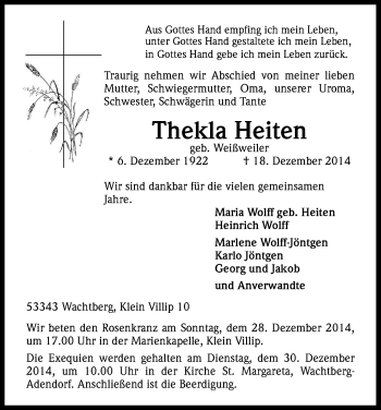 Anzeige von Thekla Heiten von Kölner Stadt-Anzeiger / Kölnische Rundschau / Express