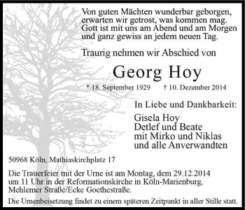 Anzeige von Georg Hoy von Kölner Stadt-Anzeiger / Kölnische Rundschau / Express