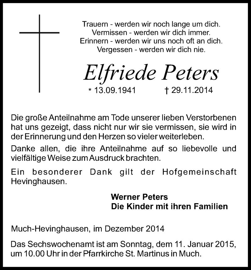  Traueranzeige für Elfriede Peters vom 27.12.2014 aus Kölner Stadt-Anzeiger / Kölnische Rundschau / Express