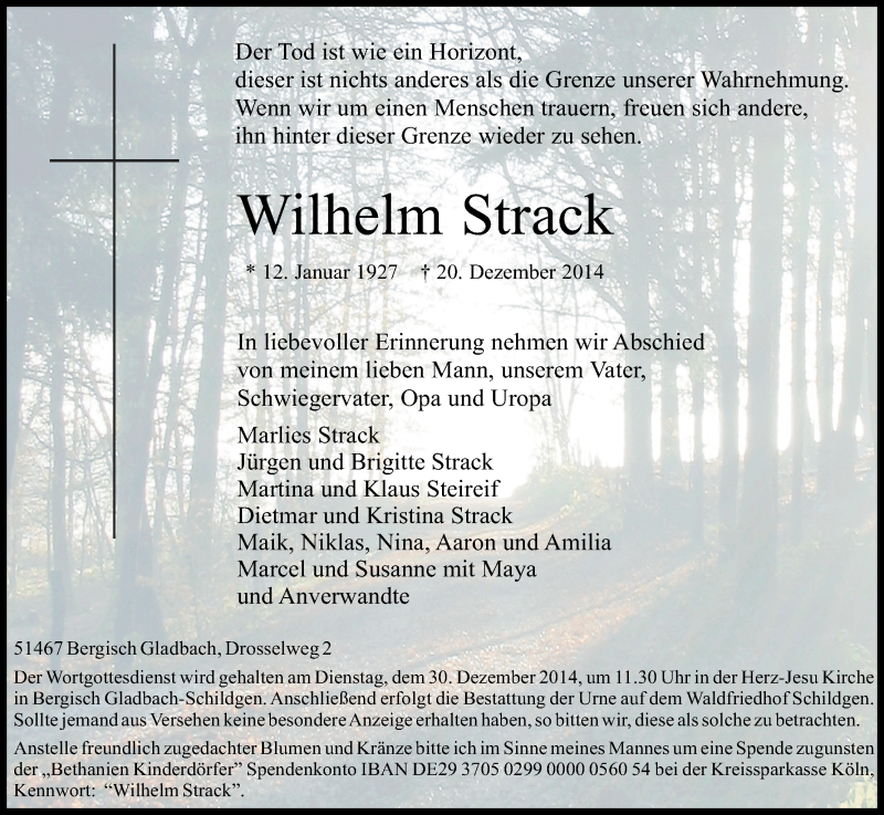  Traueranzeige für Wilhelm Strack vom 24.12.2014 aus Kölner Stadt-Anzeiger / Kölnische Rundschau / Express