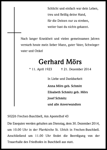 Anzeige von Gerhard Mörs von Kölner Stadt-Anzeiger / Kölnische Rundschau / Express