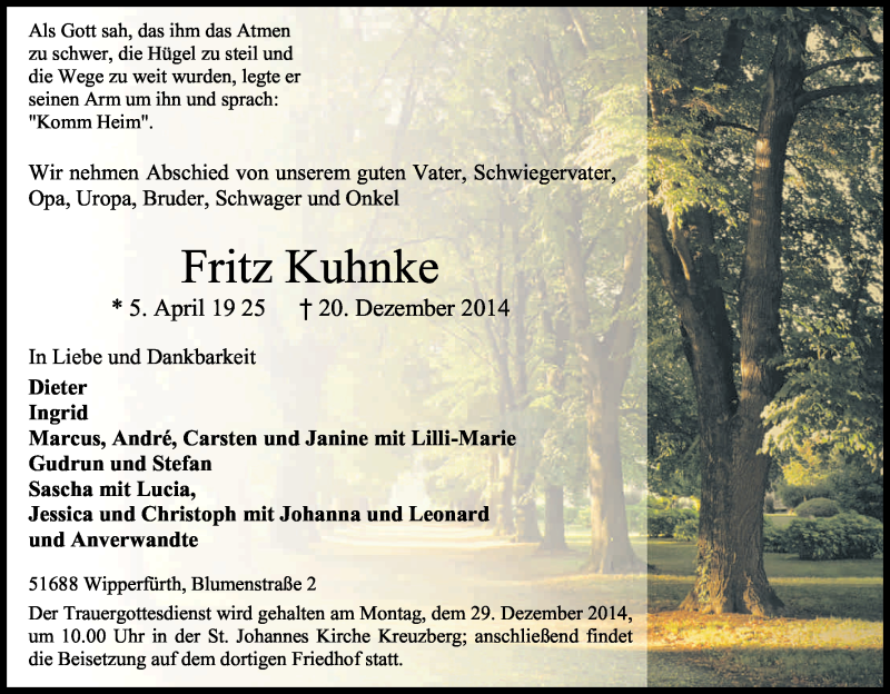  Traueranzeige für Fritz Kuhnke vom 24.12.2014 aus Kölner Stadt-Anzeiger / Kölnische Rundschau / Express