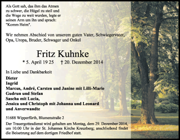 Anzeige von Fritz Kuhnke von Kölner Stadt-Anzeiger / Kölnische Rundschau / Express