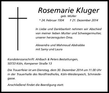 Anzeige von Rosemarie Kluger von Kölner Stadt-Anzeiger / Kölnische Rundschau / Express