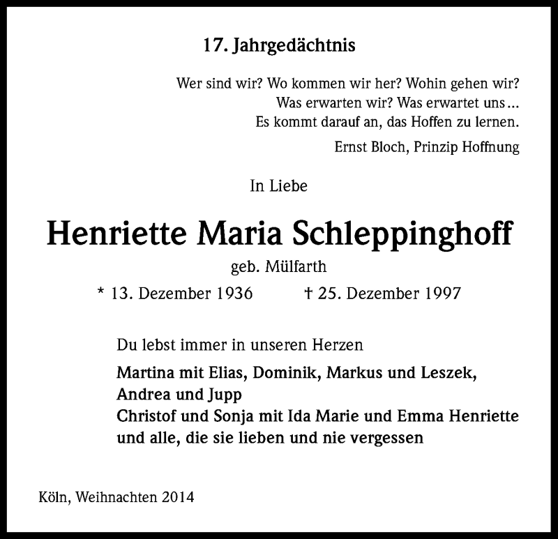  Traueranzeige für Henriette Maria Schleppinghoff vom 24.12.2014 aus Kölner Stadt-Anzeiger / Kölnische Rundschau / Express