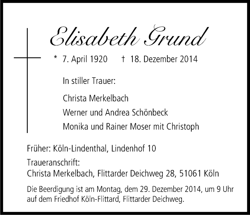  Traueranzeige für Elisabeth Grund vom 27.12.2014 aus Kölner Stadt-Anzeiger / Kölnische Rundschau / Express