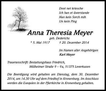 Anzeige von Anna Theresia Meyer von Kölner Stadt-Anzeiger / Kölnische Rundschau / Express