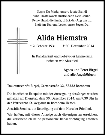 Anzeige von Alida Hiemstra von Kölner Stadt-Anzeiger / Kölnische Rundschau / Express