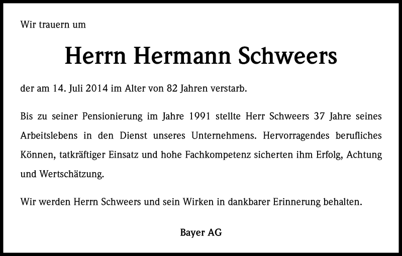  Traueranzeige für Hermann Schweers vom 27.12.2014 aus Kölner Stadt-Anzeiger / Kölnische Rundschau / Express