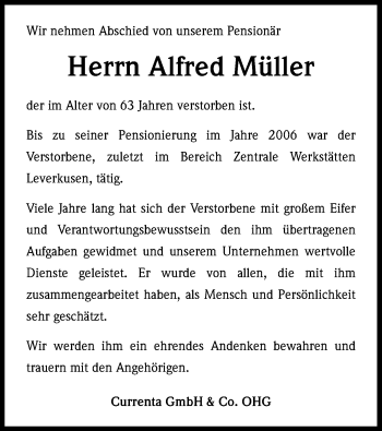 Anzeige von Alfred Müller von Kölner Stadt-Anzeiger / Kölnische Rundschau / Express