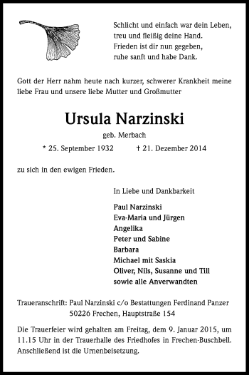 Anzeige von Ursula Narzinski von Kölner Stadt-Anzeiger / Kölnische Rundschau / Express