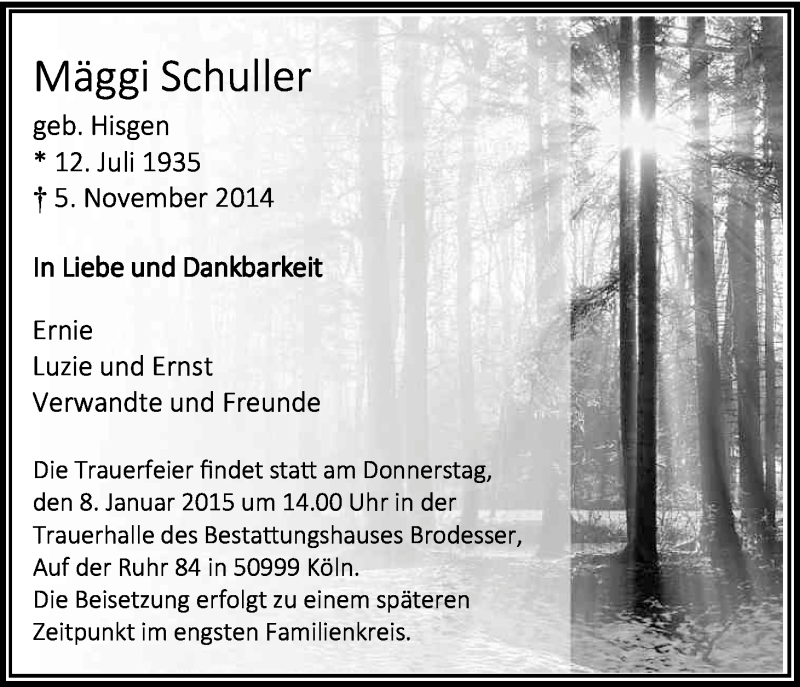  Traueranzeige für Mäggi Schuller vom 03.01.2015 aus Kölner Stadt-Anzeiger / Kölnische Rundschau / Express