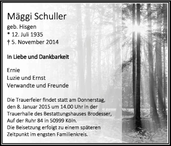 Anzeige von Mäggi Schuller von Kölner Stadt-Anzeiger / Kölnische Rundschau / Express