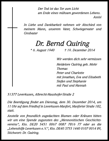 Anzeige von Bernd Quiring von Kölner Stadt-Anzeiger / Kölnische Rundschau / Express