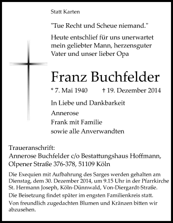 Anzeige von Franz Buchfelder von Kölner Stadt-Anzeiger / Kölnische Rundschau / Express