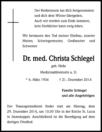 Anzeige von Christa Schlegel von Kölner Stadt-Anzeiger / Kölnische Rundschau / Express