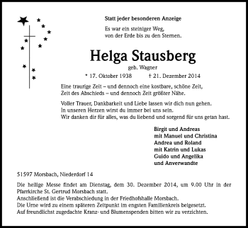 Anzeige von Helga Stausberg von Kölner Stadt-Anzeiger / Kölnische Rundschau / Express